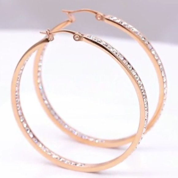 Rose Gold Clear Stone Rhinestone Hoop Earrings Sparkle CZ Crystal Channel Hoops - Picture 5 of 8